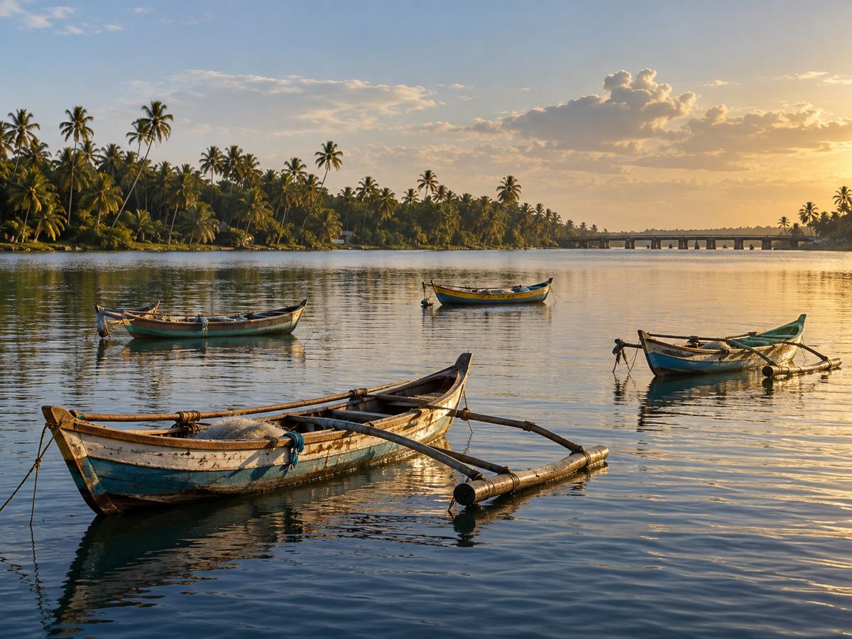 Bentota lagoon fishing boats at late afternoon, brass-warm light, coconut palms on the far bank