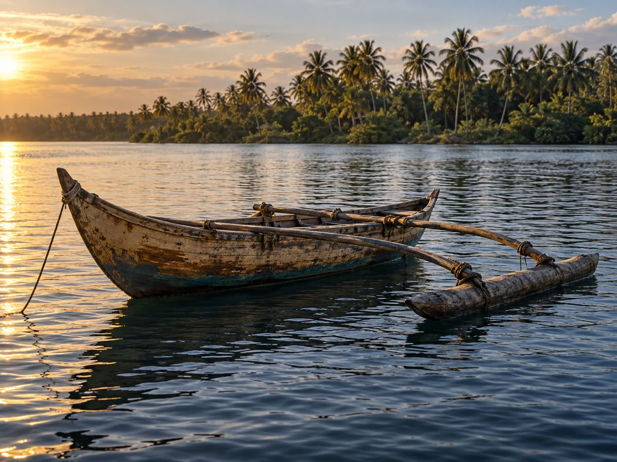 Fishing oru on Bentota water at late afternoon, brass-warm light