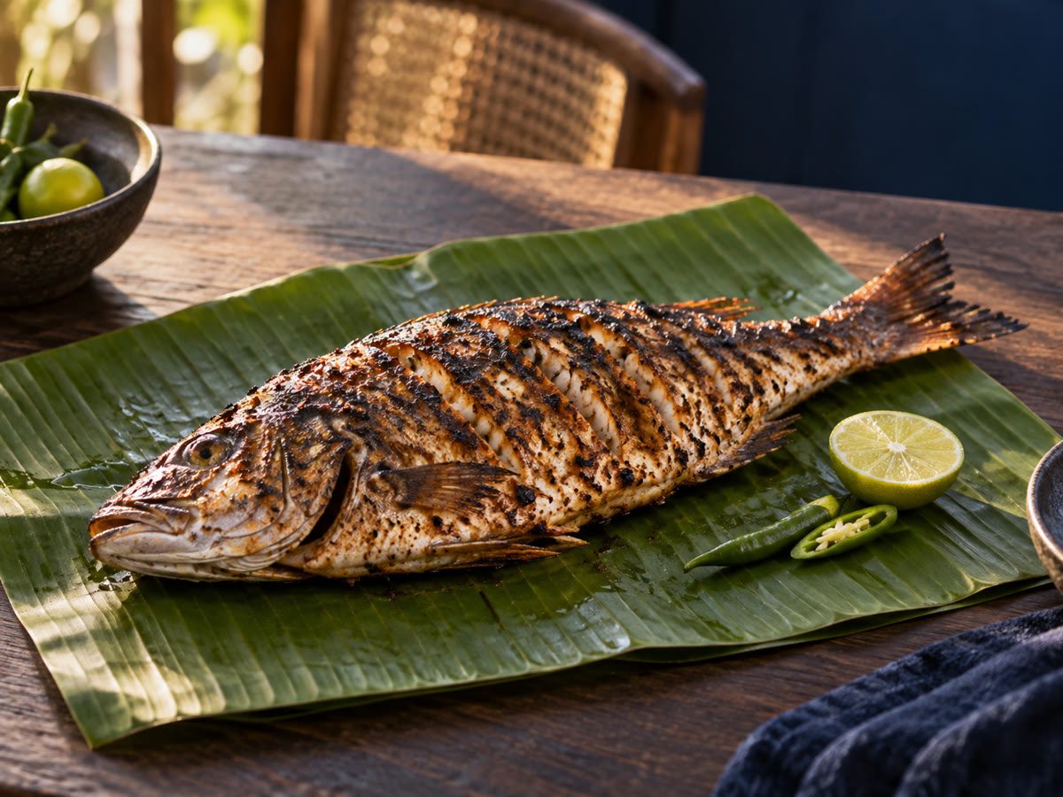 Whole grilled fish on banana leaf, lime and green chilli