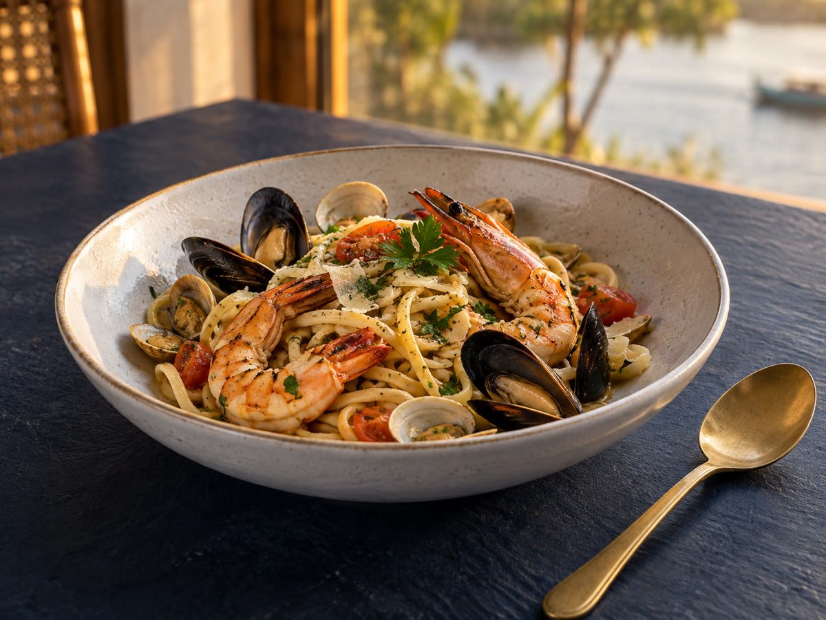 Seafood pasta in a shallow bowl, late-afternoon window light