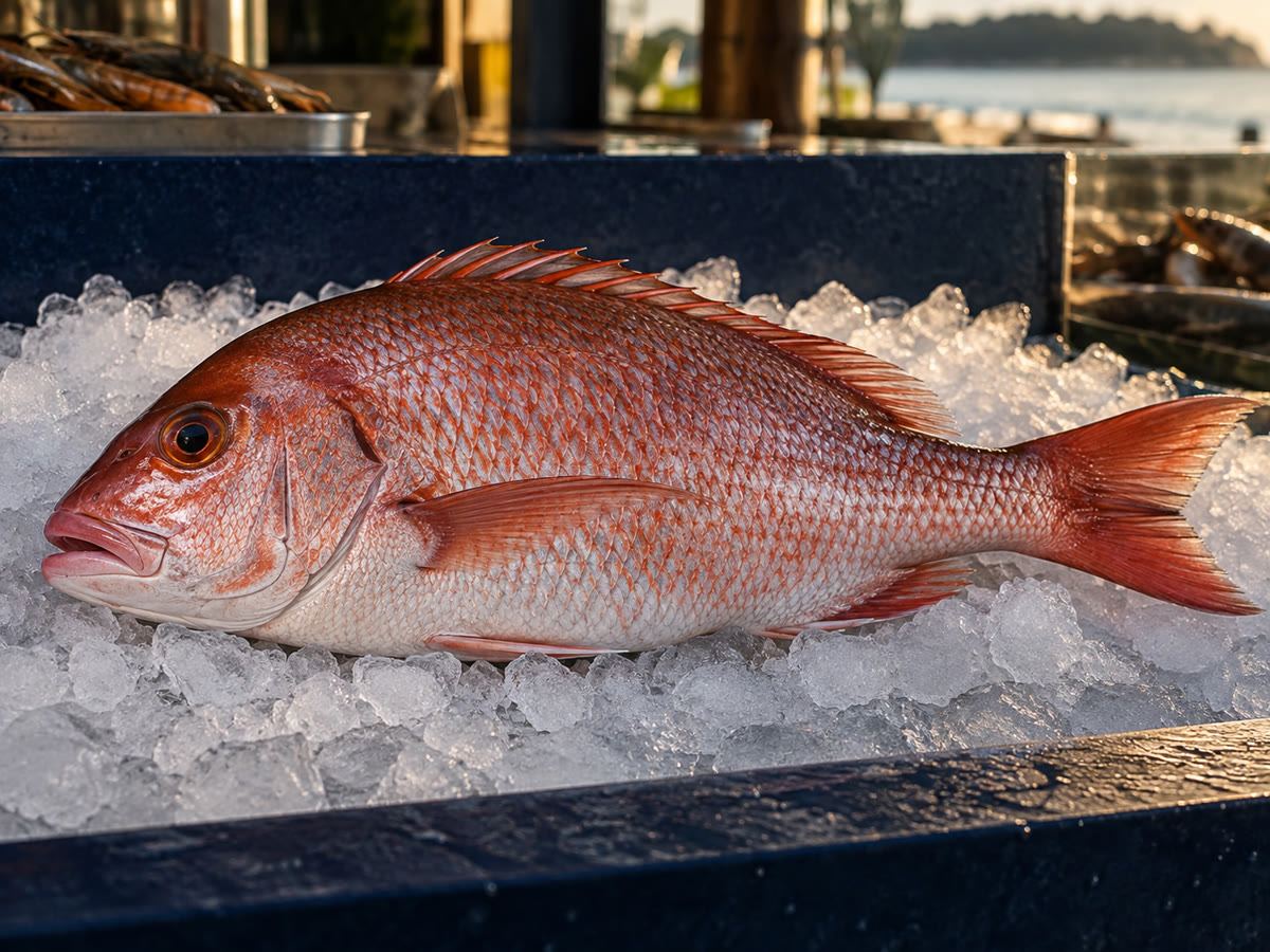Red snapper on ice at a catch counter, no price tags