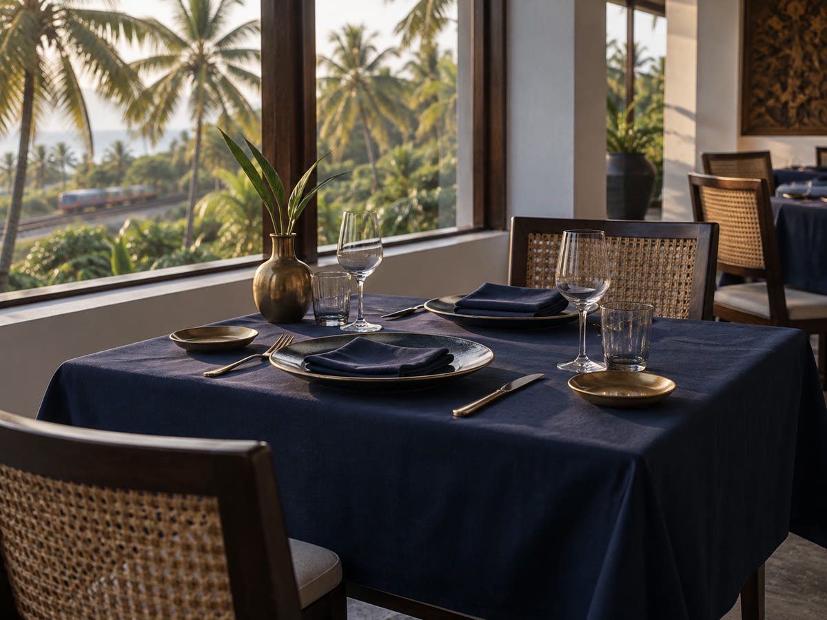 Empty indoor table, navy cloth, brass cutlery, railway glimpse