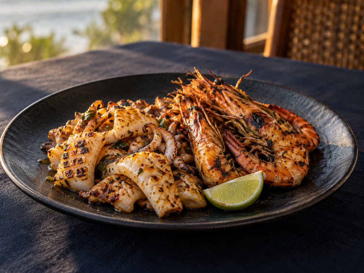 Cuttlefish and prawns on a dark plate, lime wedge