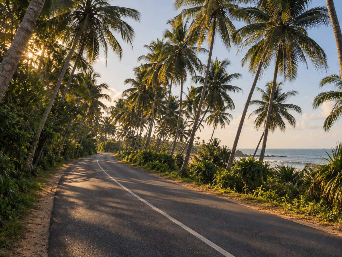 Bentota Beach Road palms and a sliver of sea, 4 pm