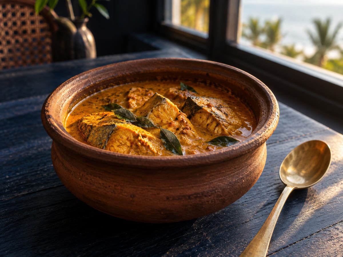Clay-pot fish curry, curry leaf, brass spoon beside the pot
